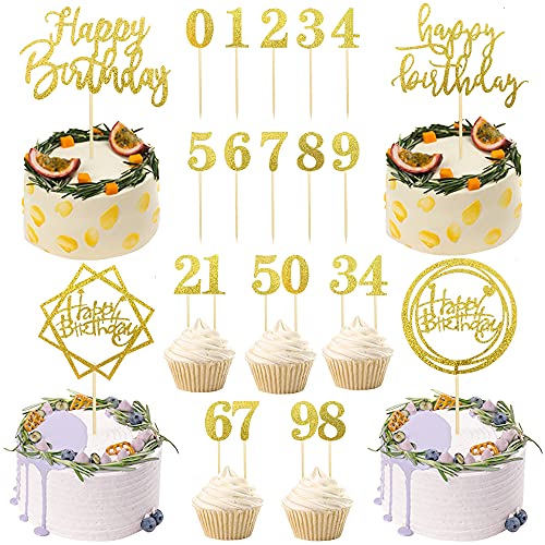 24 Pcs Gold Glitter Happy Birthday And Number 0-9 Cake Topper Numbers Cupcake Topper Picks Set For Anniversary Birthday Party Baby Shower Decoration Supplies #TOP13