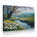 春の花の風景キャンバスウォールアート自然クリークの風景キャンバスプリント水仙と咲く木リビングルームベッドルームの壁の装飾80x112cmインナーフレーム