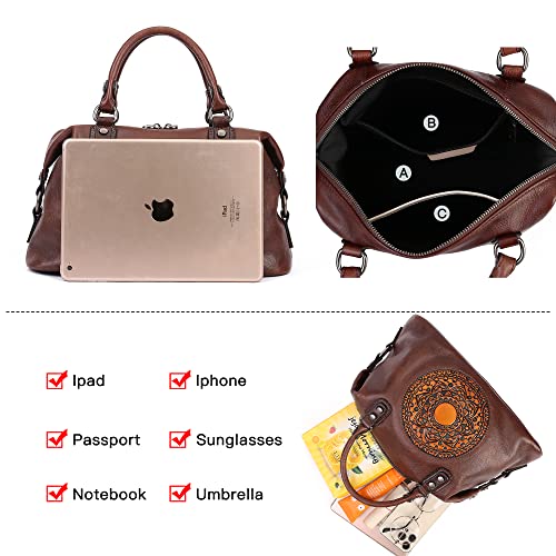Image of Leather Handbag for Women, Genuine Leather Purses Retro Mandela Crossbody Handbag Tote Bag