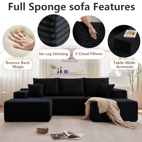 Image of 107 inch Modular Sectional Sofa with Ottoman, Modern Corduroy Cloud Couch with Deep Seat, Boneless Couch Upholstered 3-Seater U-Shaped Sofa for Living Room, No Assembly (Black, Right-Facing Chaise)