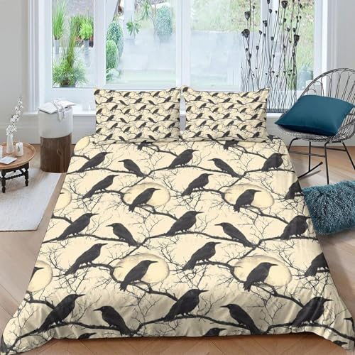 Funda Nordica Cama 180 Cuervo Ropa de Cama 3D Estética Gótica Microfibra Suave 3 Piezas Include 1 Fundas Nórdica 240x260 cm y 2 Fundas de Almohada 50x75cm C-2296