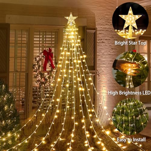 Aofonchy Solar Christmas Lights, 2M/ 6.6FT x 9 Strands Waterfall Lights with Topper Star - Image 4
