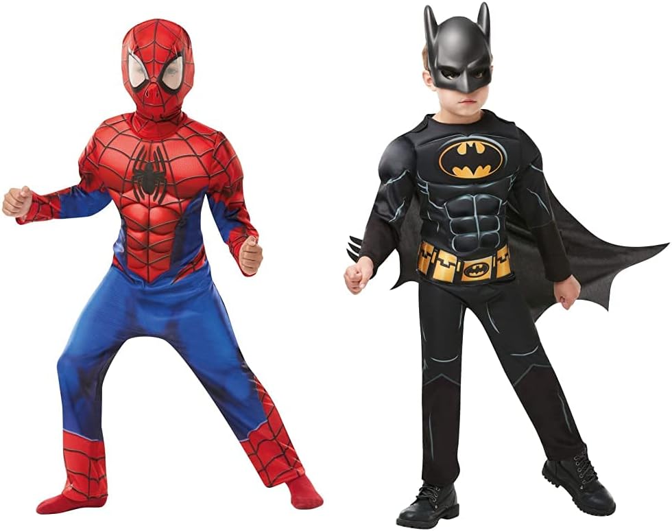 Rubie's Official Marvel Spider-Man, Deluxe Child Costume - Large Age 7-8, Height 128 cm & Official Batman Black Deluxe Child's Costume, Superhero Fancy Dress, Child's Size Large Age 7-8, 128 cm