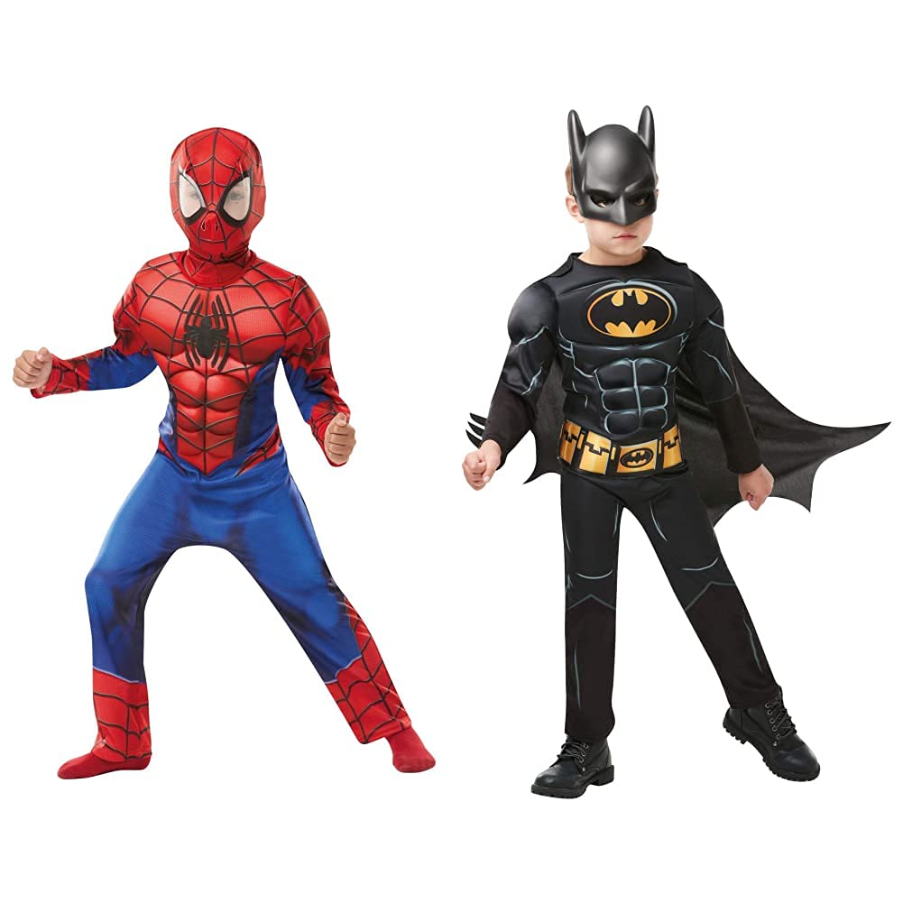 Rubie's Official Marvel Spider-Man, Deluxe Child Costume - Large Age 7-8, Height 128 cm & Official Batman Black Deluxe Child's Costume, Superhero Fancy Dress, Child's Size Large Age 7-8, 128 cm