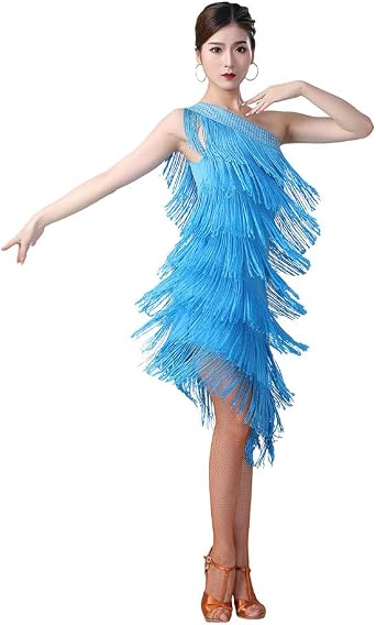 G-like Oblique Shoulder Latin Dance Costume, Ballroom Dance, Dress, Sequin, Fringe Dress, Dancewear