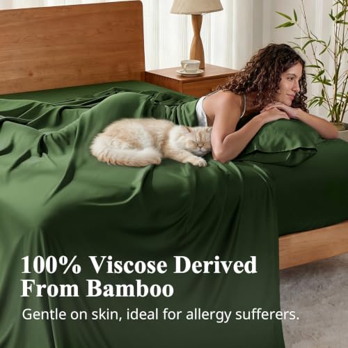 Image of Twin Size Sheet Set, Viscose Bamboo Sheets for Bed Set 3pcs, 100% Viscose Derived from Bamboo, Hotel Luxury Silky & Cooling for Hot Sleepers, Deep Pocket Up to 17 inch, Olive