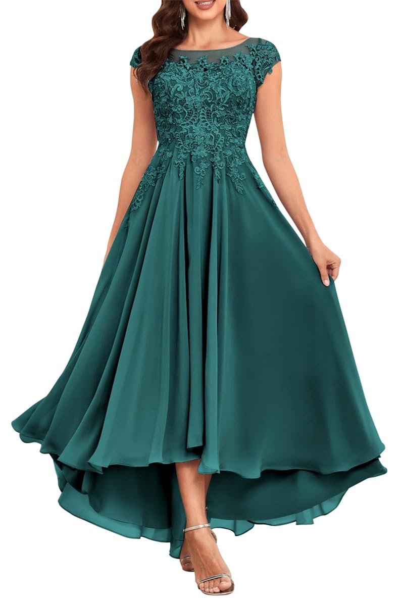 Kurface Women's Teal Mother Of The Groom Dresses For Wedding Tea Length Petite Lace Appliques Chiffon Prom Formal Gowns Uk16