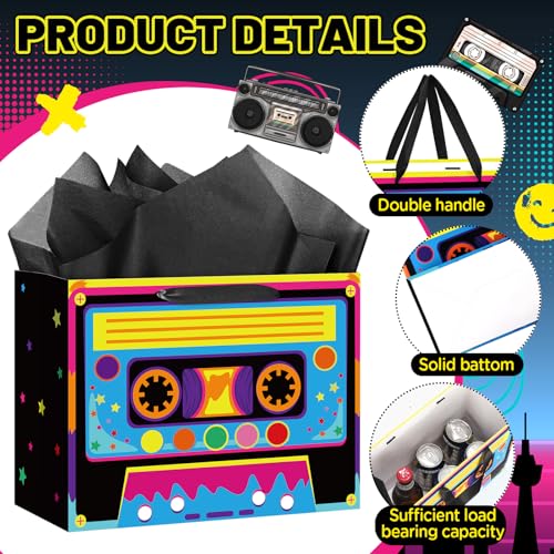 Yoirrat Cassette Birthday Gift Bag 80's 90's Hip Hop Boombox Birthday Party Decorations Retro Radio Cassette Gift Wrapping Paper Bag with Greeting Card for 1980s 1990s Hip Hop Party Favor Supplies