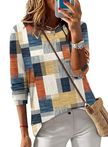 ONLYSHE Women's Casual Striped Long Sleeve Tops Crew Neck Knit Basic Loose Fit T Shirts Fall Fashion Tunic Outfits