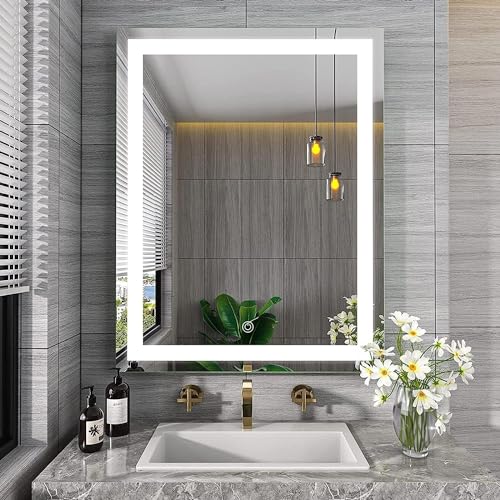 Image of TEX-RO LED Bathroom Mirror with Lights | Anti-Fog Dimmable Vanity Mirror for Wash Basin | Frameless Wall Mirror for Bathroom | Touch Sensor, IP44 Waterproof, CRI>95, Memory Function - 24x18 Inch