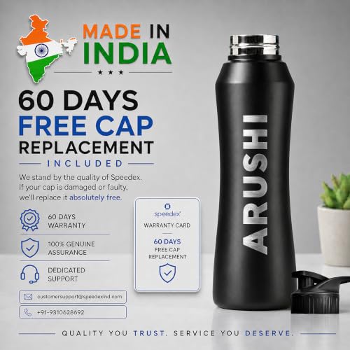 Image of Speedex Customised Stainless Steel Sipper Water Bottle 1 Ltr with Engraved Name - Personalised Flip Cap Bottle for Kids, Adults, School, Sports, Gym, Black, Set of 1
