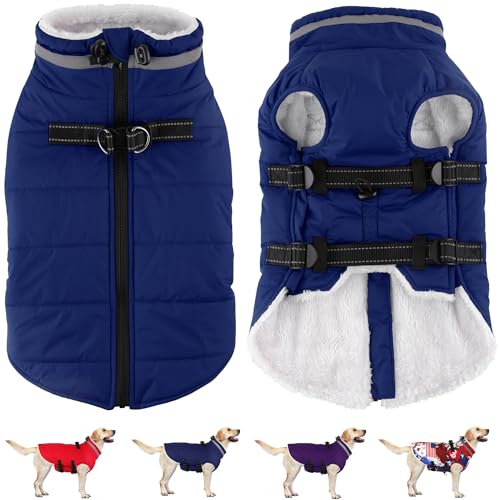 Dogcheer Dog Coat, Waterproof Dog Jacket with Harness, Reflective Adjustable Puppy Winter Coat with Zipper, Christmas Snow Jacket Clothes for Small Medium Large Dogs - Blue S