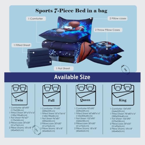 Image of Feelyou Boys Sports Comforter Set King Size 7 Pieces Football Baseball Soccer Bedding Set for Kids Boys Basketball Bed in a Bag with Comforter,Sheet,Pillow Cover Ball Game Sports Room Decor Quilted