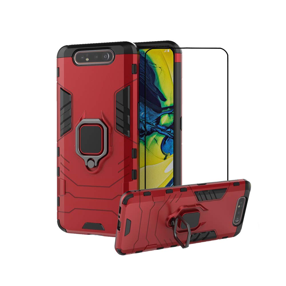 2ndSpring Case for Samsung Galaxy A80 / A90 + Tempered Glass Screen Protector,Hybrid Heavy Duty Protection Shockproof Defender Kickstand Armor Case Cover,Red