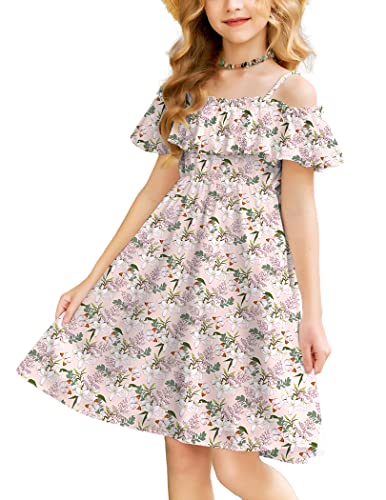 Arshiner Girls Summer Dress Short Sleeve Ruffle Trim Cold Shoulder Solid Color Swing Casual Looose Pink Floral 8-9 Years #TOP27