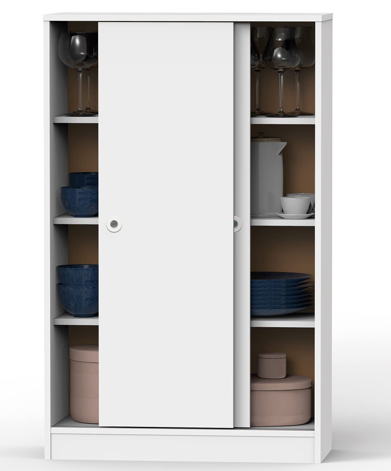 Armario Bajo Auxiliar Multiusos con 2 Puertas Correderas y 3 Estantes, Acabado en Color Blanco, Medidas: 74 cm (Ancho) x 120 cm (Alto) x 33 cm (Fondo)