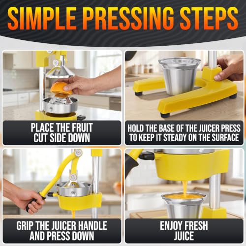 Image of Cast Iron Juicer Hand Press, Heavy-Duty Squeezer (Yellow) | Lever Manual Citrus Press Juicer & Orange Squeezer for Lemon, Lime & Lemonade; Steel Cone & Strainer; for Home or Bar
