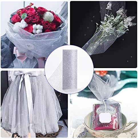 Glitter Tulle Fabric Roll, Sparkling SilverTulle Ribbon Roll,6 Inch 25 Yard Sparkle Mesh Ribbon Spool for Chair Bows/Gift Wrapping/DIY/ Wedding Decorations,Tutu Skirt Sewing Crafting Fabric