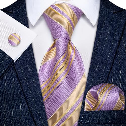 Image of YourTies Striped Ties for Men Classic Woven Silk Necktie with Handkerchief Cufflinks Set Formal Business Party Wedding