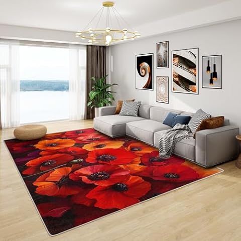 Phtbz Poppy Rug - Red Poppy Flower Rug, 5x6 ft Washable Non-Slip Stain Resistant Red Poppies Area Rug, Watercolor Floral Carpet for Living Room, Bedroom, Playroom, Poppy Home Decor & Gifts Cover