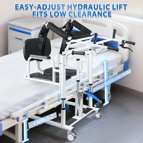 Image of 5 in 1 Patient Lift Transfer Chair for Elderly and Home, Portable Adjustable Height Footrest Hydraulic Lift Nursing Wheelchair 180 Split PU Leather and Thickened Sponge Seat, 440lbs
