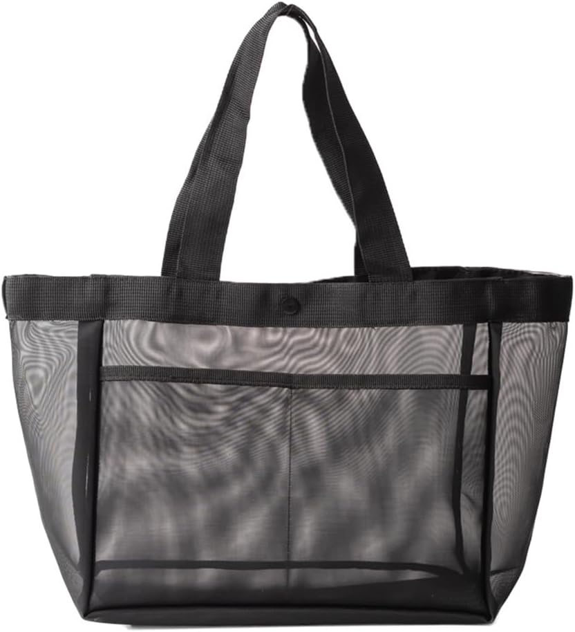 AoMige Large Mesh Beach Hand Shoulder Bag, Lightweight and Foldable, With Zipper Pocket, Waterproof and Sandproof, Suitable for Family Vacation Seaside Picnics (Black)