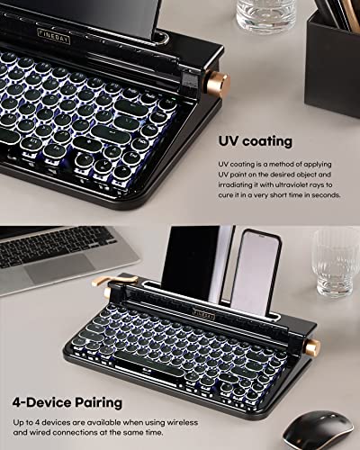 Fineday Keyboard 3.0, Full Aluminum Keycaps, Blue Switch, Retro Mechanical Keyboard, Typewriter Designed, 83 Keys, Bluetooth 5.0 & Usb Up To 4 Devices, For Desktop Pc/Laptop Mac/Phone (Black) #TOP4