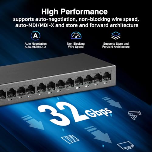 Image of 16 Port Gigabit Switch, 16 x 100 /1000Mbps Ports, Metal Unmanaged Fanless Pluy and Play YuLinca Network Switch