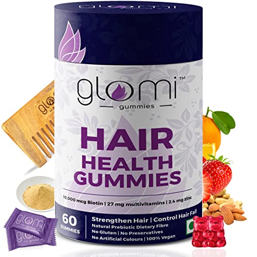 Glomi Gummies Hair Health Gummies for Men and Women | Sesbania extract Natural Biotin Gummies with Zinc and Multivitamins – 60 Pcs Pack (Strawberry)