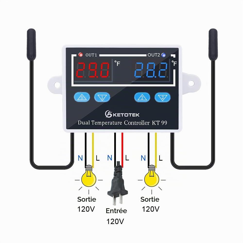 KETOTEK Regulateur de Temperature 220V Thermostat avec 2 étanche Sondes | Double Controleur de Temperature Numerique pour Aquarium Incubateur Couveuse, Mode chauffage et refroidissement