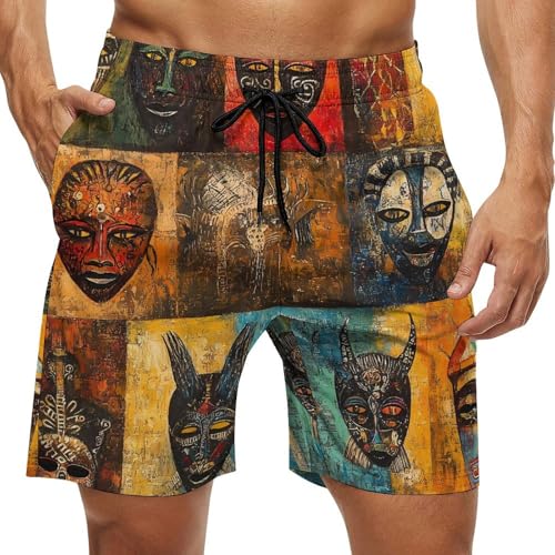 African Masks Beach Shorts for Men Swim Trunks Quick Dry Bathing Suit Drawstring Hawaiian Short