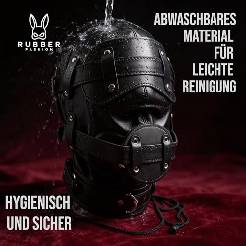 Rubberfashion Leder BDSM Maske mit Augenbinde, 2 Dildos als Mund Knebel und 3 Schlösser - Bondage Maske - BDSM Toys für Männer Frauen und Paare
