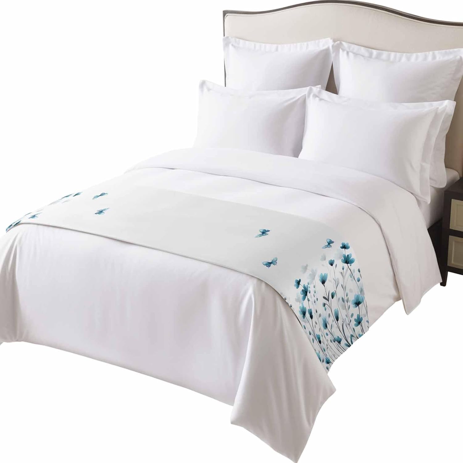 Bed Runner Teal Blue Butterfly Flower on White Bedroom Bedding Scarves for King Size Bed,Watercolor Botanical 102x20In Bed Runners Scarf for Hotel Guestroom Wedding Room Decortions