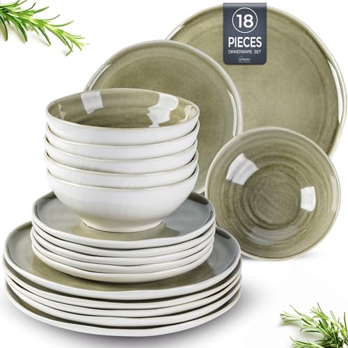 Image of LERATIO Ceramic Dinnerware Sets for 6,Porcelain Plates and Bowls Sets with Wavy Edge,Microwave & Dishwasher & Oven Safe,Light Weight & Scratch Resistant Dishes Sets-Olive Green
