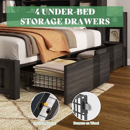 AMERLIFE Queen Bed Frame with Storage Drawers and LED Headboard, Wood Platform Bed with Charging Station - Black