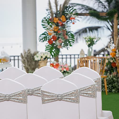 Sinssowl Pack Of 50 Spandex Sequins Chair Sashes Silver Chair Bands With Buckles, Folding Chair Bows Ties For Party Wedding Fiesta Dining Chairs Decor - Sequin Silver Chair Sash #TOP1