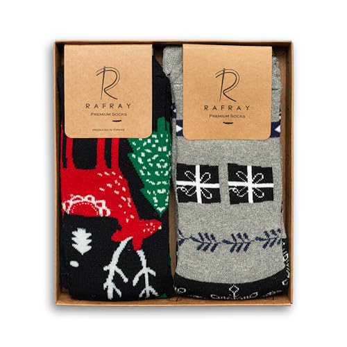 Image of RAFRAY Women's Christmas Socks - Cozy Calf-Length Winter Socks with Snowman & Reindeer - Gift Box - 2 Pairs - Size 5-9.5