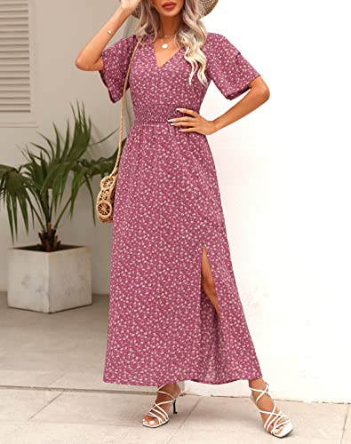 Kranda Women 2025 Summer Spring V Neck High Waist Short Sleeve Casual Long Boho Floral Swing Flowy Slit Beach Maxi Dress4