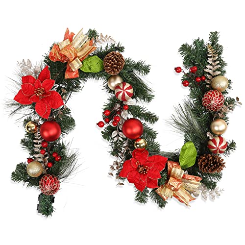 6ft Christmas Wreath with Lights, Christmas Battery Operated Artificial Vine with Classic Red Gold Decor, Pre-Lighted Christmas Wreath for Christmas Staircase Fireplace