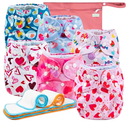Image of Wegreeco Cloth Diapers 6 Pack with Inserts & Wet Bag, Washable Reusable Diapers for Babies, One Size Adjustable (Colorful Summer)