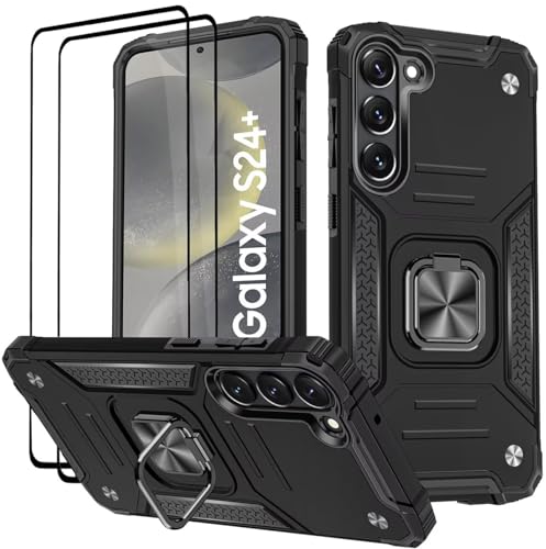 KANSi Funda para Samsung Galaxy S24 Plus / S25 Plus, Cristal Vidrio Templado [2 Piezas] Capa Anillo iman Soporte Hard PC y Silicona TPU Antigolpes Armor Carcasa   Negro