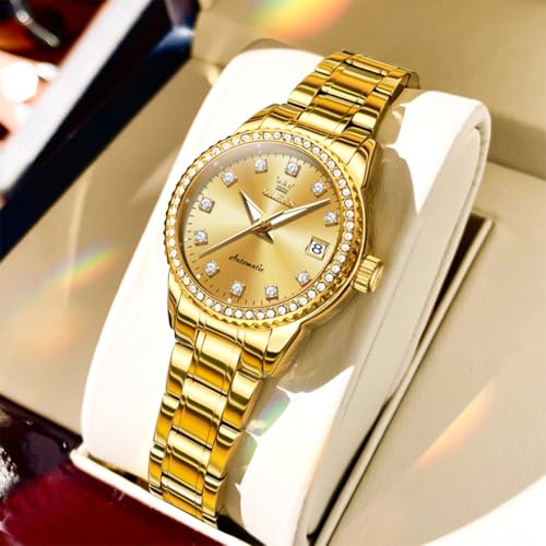 Image of OLEVS Women's Automatic Watch Luxury Mechanical Stainless Steel Two Tone Waterproof Self Winding Dress Small Ladies with Date Diamond Elegant Casual Business Wristwatch Gold /Blue /Black /White