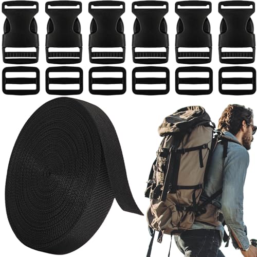 BTIYMU Hebillas de Plastico 20mm Cinta Mochila Nylon 6m Negro, Ajustable Doble Hebilla Correa Mochila Plástico Hebillas Liberación Lateral, Hebilla Deslizantes para Bolsos Cinturon Mochilas