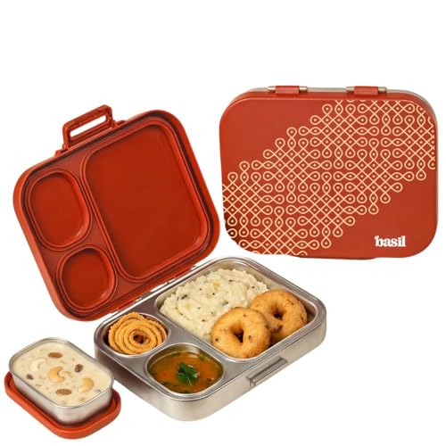 Image of Basil Bento Box Quad Plus - 3+1 Compartment Stainless Steel Lunch Box (1020ml) with BPA-Free Lid | Leak-Proof Tiffin for Kids & Adults | Premium Lunch Box for School, Office & Picnic - Tanjore Kolam