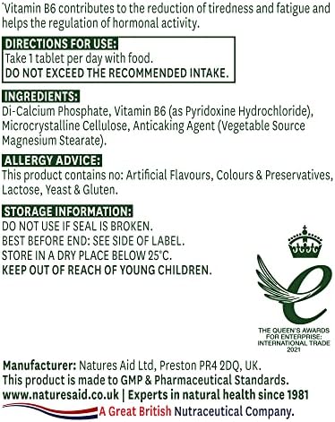 Natures Aid Vitamin B6 100 mg, Pyridoxine, Suitable for Vegans, 100 Tablets
