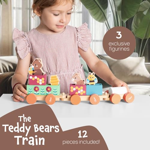Chicco Jeu en bois Train des oursons Jeu Montessori 3 personnages exclusifs 5 blocs de couleur Train avec 3 wagons en roue libre Jeux pour filles Jouets pour enfants 2+ ans Idée cadeau - vue 3