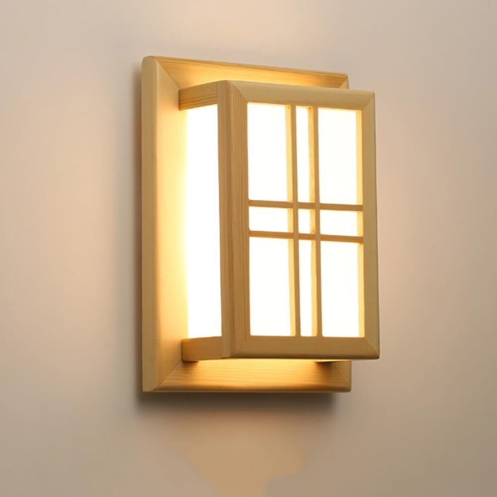 Lámpara de pared LED de madera maciza estilo japonés con diseño de nueve rejillas