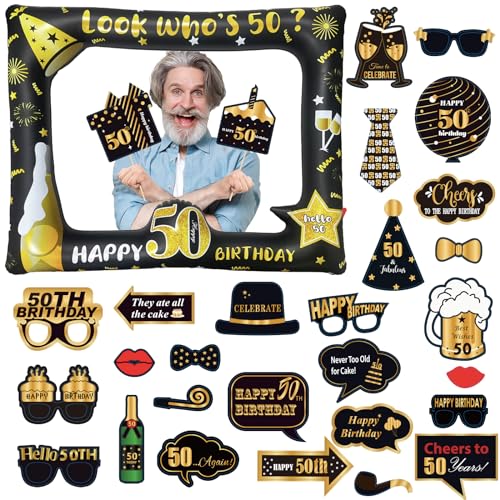 POPOYU 50th Foto Requisiten zum 50. Geburtstag,33 Stück Foto Requisiten und Aufblasbarer Rahmen,Fotobox Accessoires Geburtstag für 50 Geburtstag Männer Frauen Deko,Fotorahmen Party Photo Booth Props