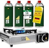 STAHLMANN Gaskocher inkl. 4 Kartuschen - Campingkocher mit Piezozündung - Camping Gaskocher stufenlos regulierbar - Gaskocher Camping 1-Flammig