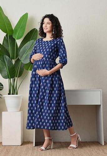 Image of Ichaa Women's Blue Cotton Printed Maternity Dress with Feeding Zips and Pocket| in Plus Sizes